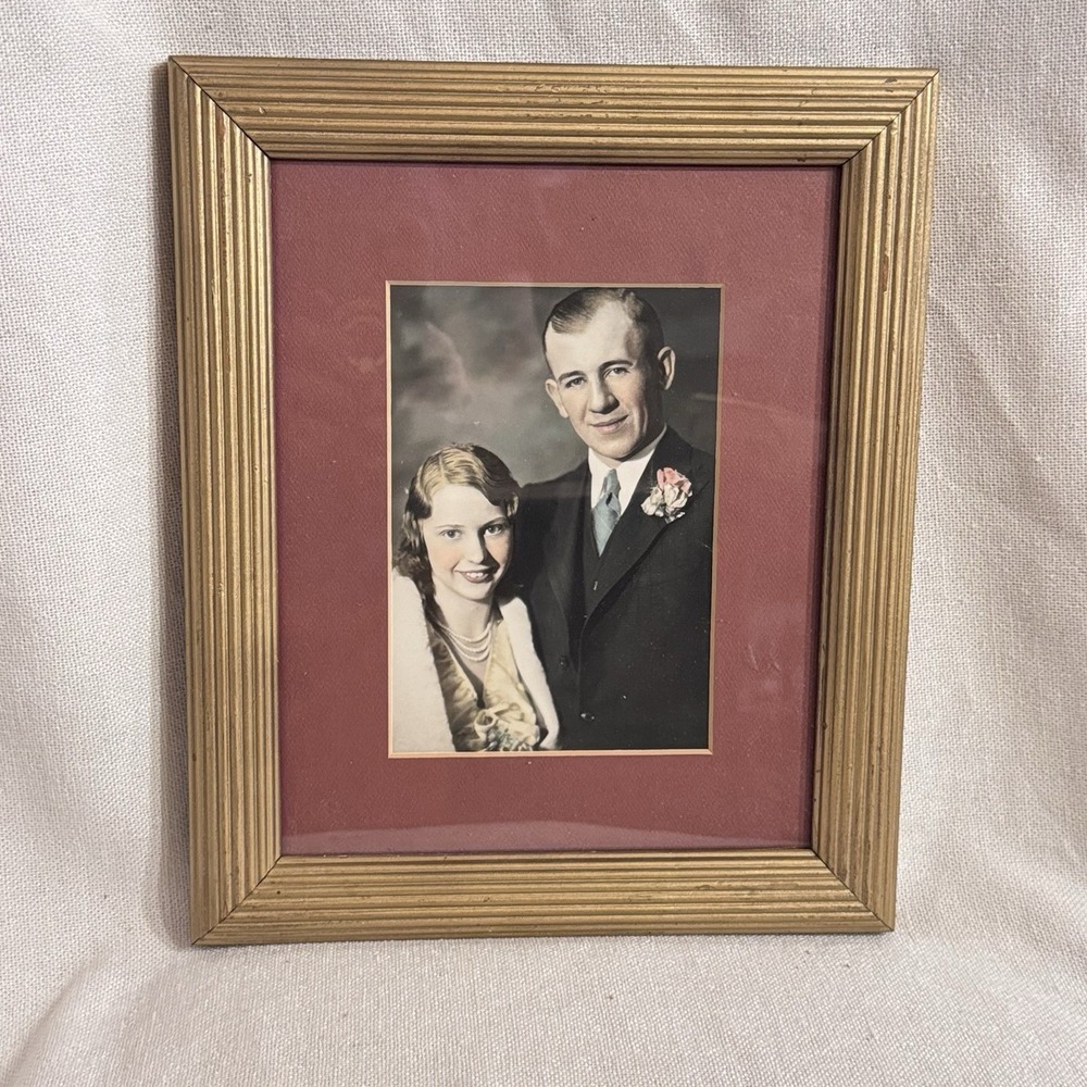 VTG 40s Wedding Portrait Hand Tinted Young Woman‎ Older Man 5x7 Photo Framed